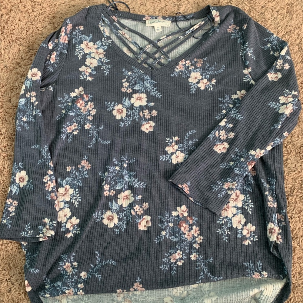 Blue Long Sleeve Floral T-shirt